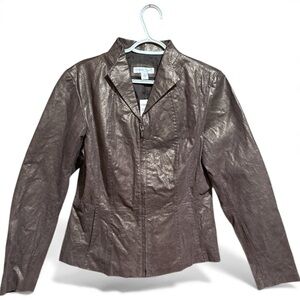 Coldwater Creek Women's Brown And Gold Leather Zip Jacket